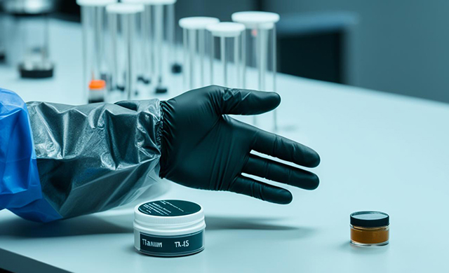 a gloved hand holding a small container filled with TA15 titanium powder